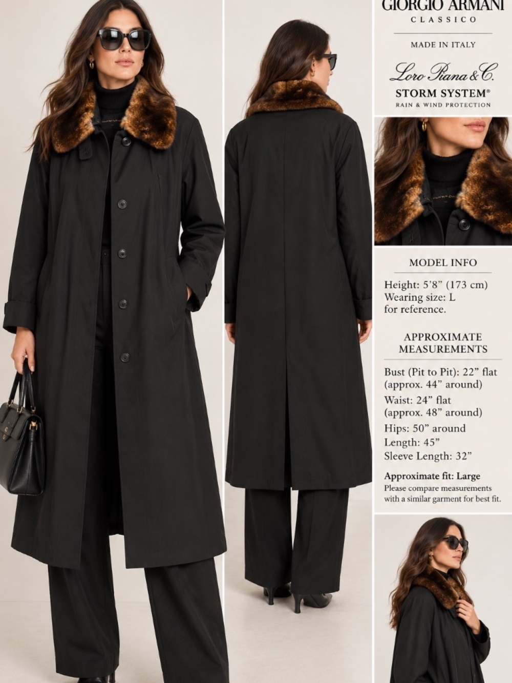 Black Long Raincoat Storm System Fur Collar Made in Italy Giorgio Armani Size L
